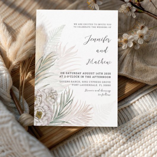Invitation Boho Pampas Grass & Blanc Floral Mariage
