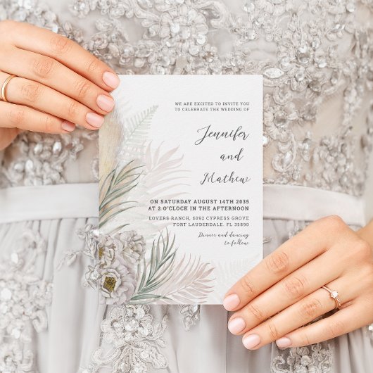 Invitation Boho Pampas Grass & Blanc Floral Mariage