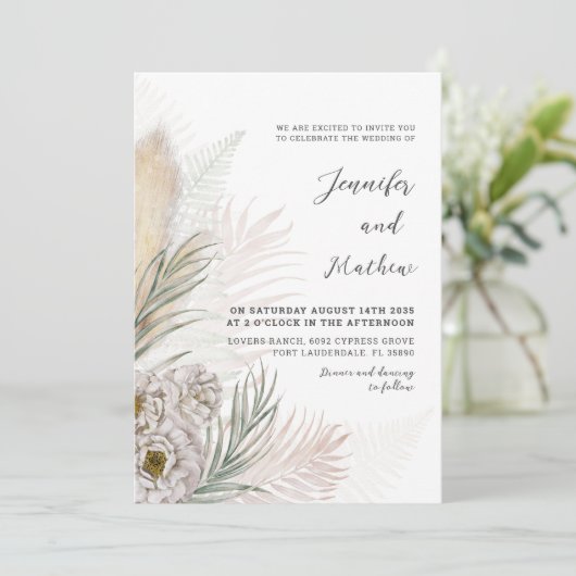 Invitation Boho Pampas Grass & Blanc Floral Mariage (Debout devant)