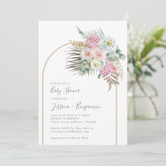Invitation Boho Pampas Grass Blush Floral Arche Baby shower (Debout devant)