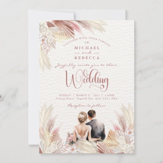 Invitation Boho Pampas Grass Blush Mariage rose croustillant (Devant)