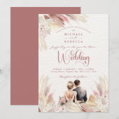 Invitation Boho Pampas Grass Blush Mariage rose croustillant (Devant / Derrière)
