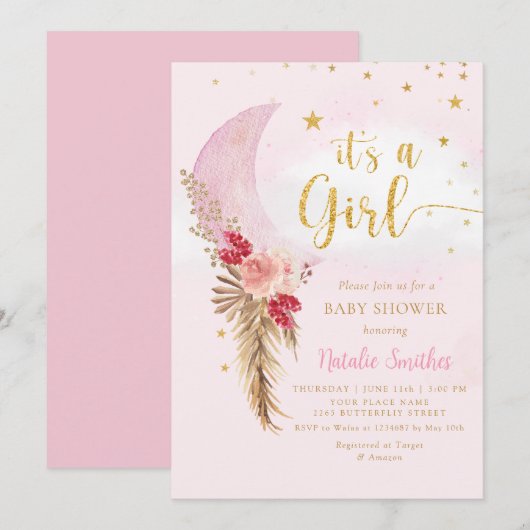 Invitation Boho Pampas Grass Blush Rose Girl Baby shower (Devant / Derrière)