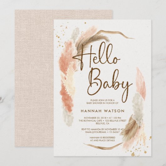 Invitation Boho Pampas Grass Bonjour Baby shower (Devant / Derrière)