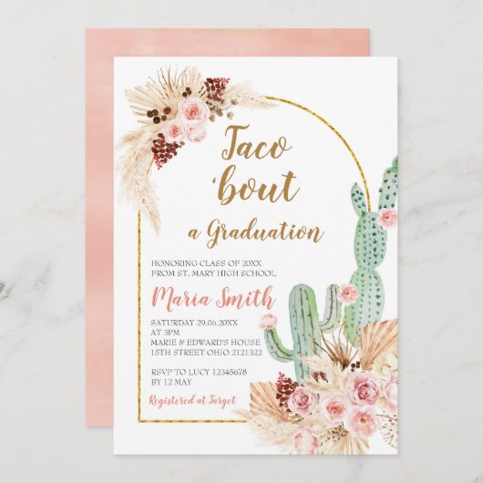 Invitation Boho Pampas Grass cactus Taco 'à propos d'un diplô (Devant / Derrière)