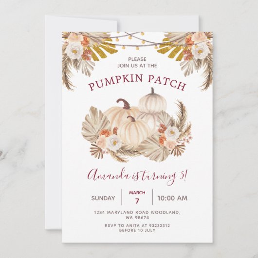 Invitation Boho Pampas Grass Citrouille Patch 5e anniversaire (Devant)