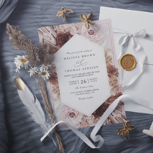 Invitation Boho Pampas Grass Dusty Floral QR Code Wedding