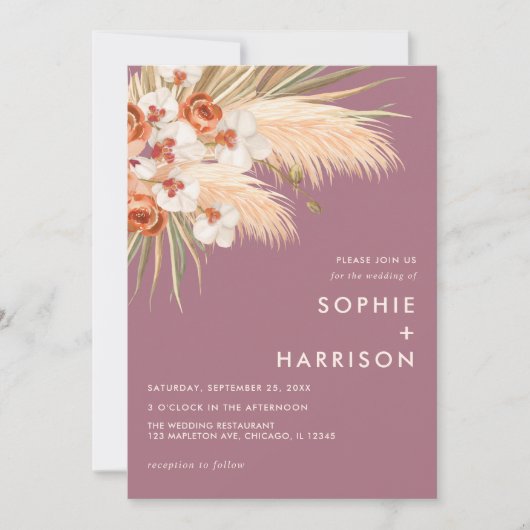 Invitation  Boho Pampas Grass Dusty Mariage Rose (Devant)