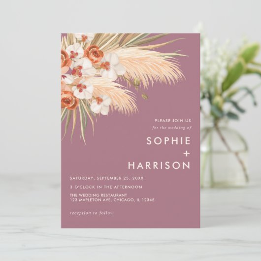 Invitation Boho Pampas Grass Dusty Mariage Rose (Debout devant)