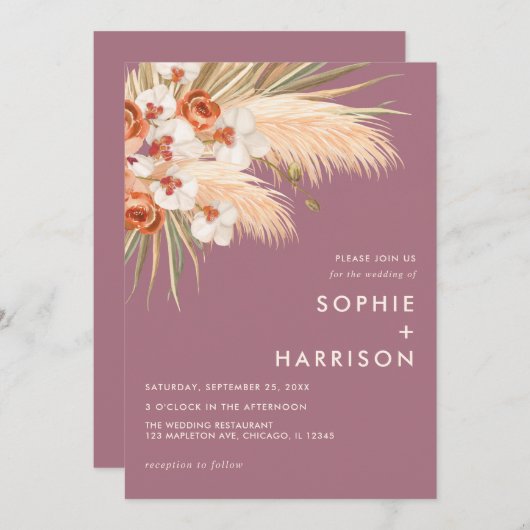 Invitation Boho Pampas Grass Dusty Mariage Rose (Devant / Derrière)
