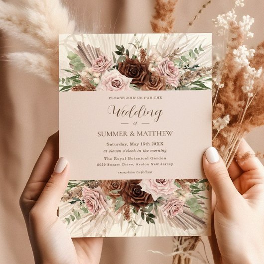 Invitation Boho Pampas Grass Dusty rose Brown Floral Mariage