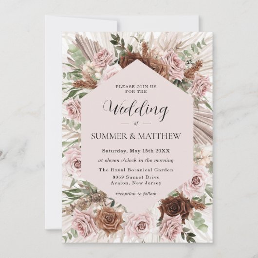Invitation Boho Pampas Grass Dusty rose Brown Floral Mariage (Devant)