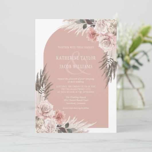 Invitation Boho Pampas Grass Dusty rose Mariage Floral (Debout devant)