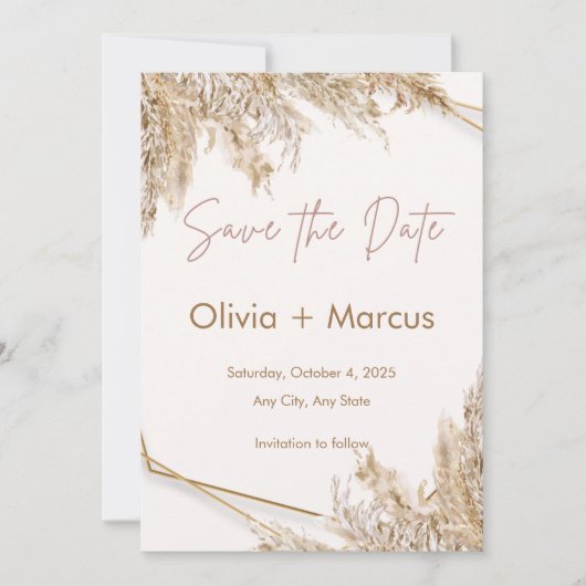 Invitation Boho Pampas Grass Enregistrer la date | Beige neut (Devant)