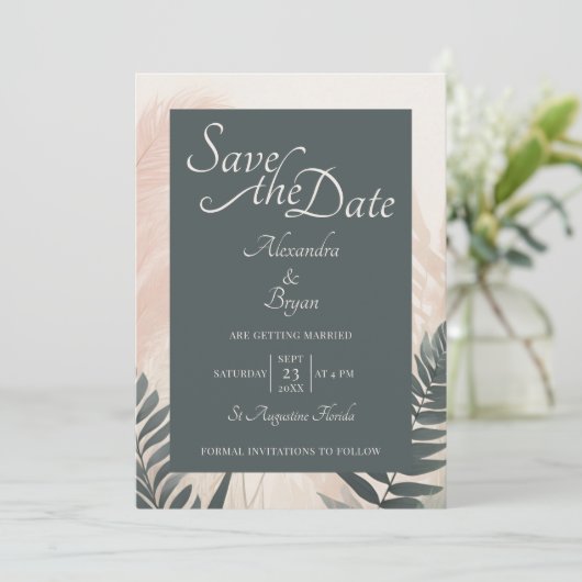 Invitation Boho Pampas Grass & Fern Wedding Enregistrer la da (Debout devant)