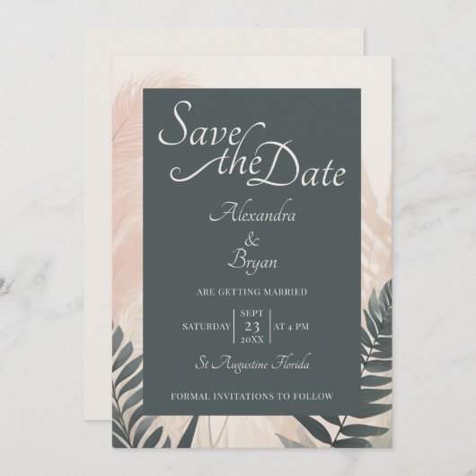 Invitation Boho Pampas Grass & Fern Wedding Enregistrer la da (Devant / Derrière)
