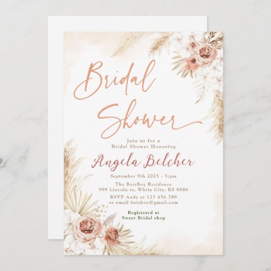 Invitation Boho Pampas Grass - Fête des mariées Boho (Devant / Derrière)