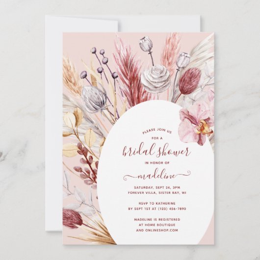 Invitation Boho Pampas Grass Fête des mariées Florale (Devant)
