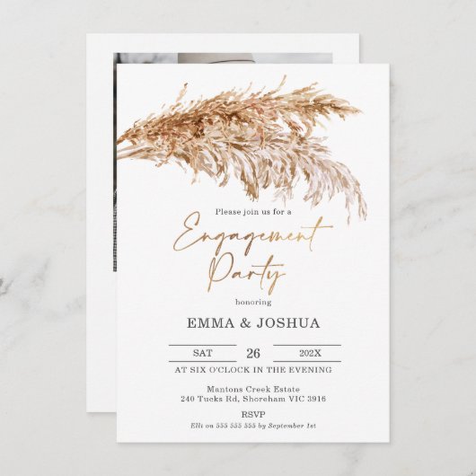 Invitation Boho Pampas Grass Fiançailles de calligraphie or (Devant / Derrière)