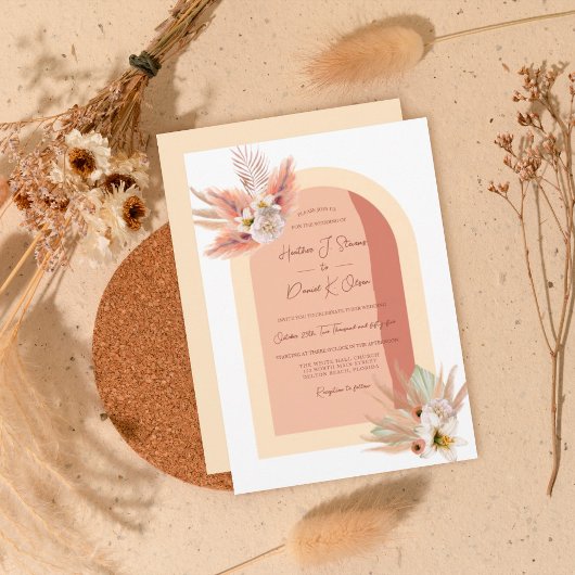 Invitation Boho Pampas Grass Floral Beige Terracotta Mariage