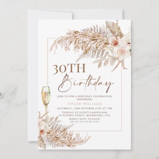 Invitation Boho Pampas Grass Floral Champagne Anniversaire (Devant)