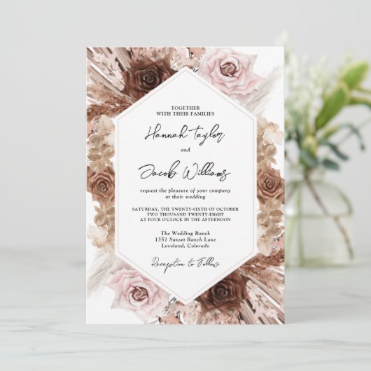 Invitation Boho Pampas Grass Floral QR Code RSVP Mariage (Debout devant)