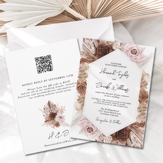 Invitation Boho Pampas Grass Floral QR Code RSVP Mariage