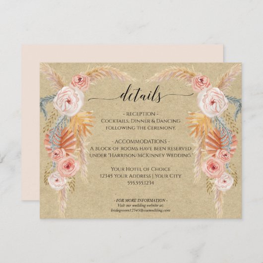 Invitation Boho Pampas Grass Foliage Kraft Détails du Mariage (Devant / Derrière)