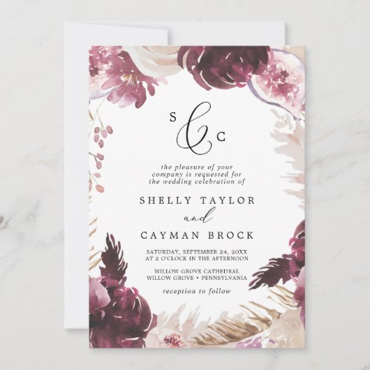 Invitation Boho Pampas Grass Formel Monogramme Mariage (Devant)