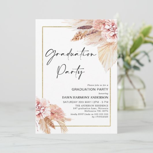 Invitation Boho Pampas Grass Frame de Graduation (Debout devant)
