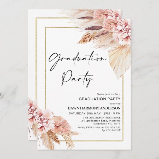 Invitation Boho Pampas Grass Frame de Graduation (Devant / Derrière)
