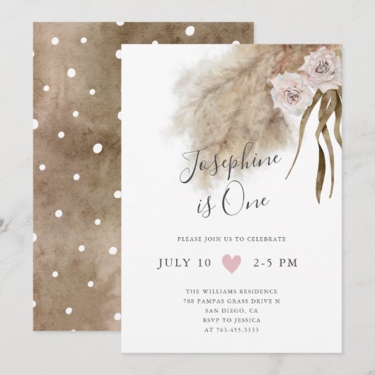 Invitation Boho Pampas Grass Girl 1er anniversaire fête (Devant / Derrière)