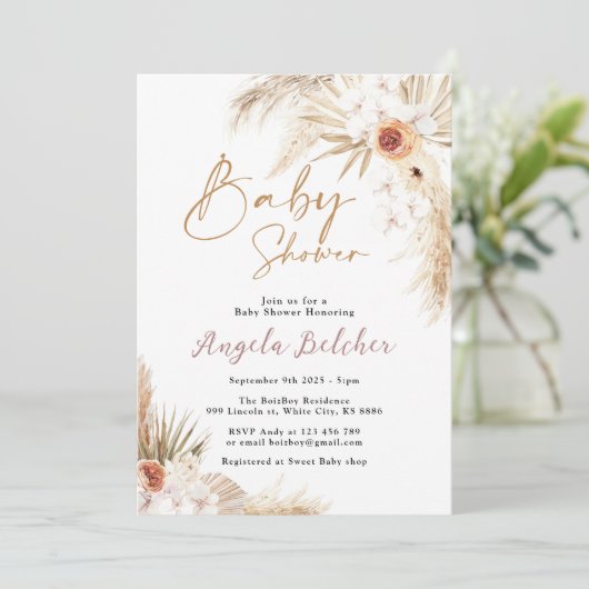Invitation Boho pampas Grass Girl Baby shower (Debout devant)