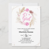 Invitation Boho Pampas Grass Girl Baby shower Fleurs roses (Devant)