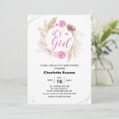 Invitation Boho Pampas Grass Girl Baby shower Fleurs roses (Debout devant)