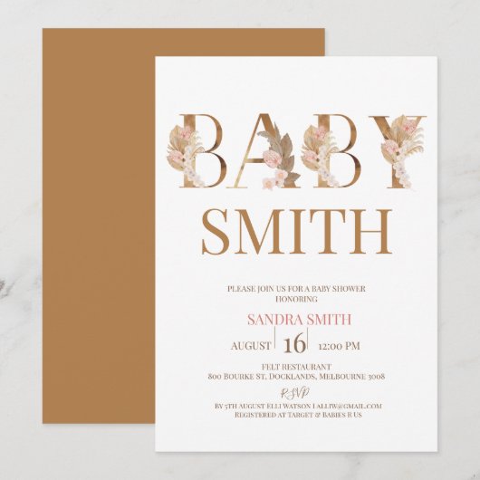 Invitation Boho Pampas Grass Girls Baby Word Baby shower (Devant / Derrière)