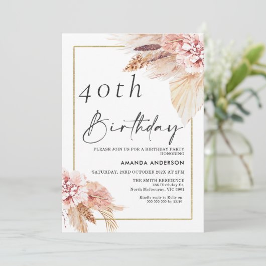 Invitation Boho Pampas Grass Gold Frame Anniversaire Invitati (Debout devant)