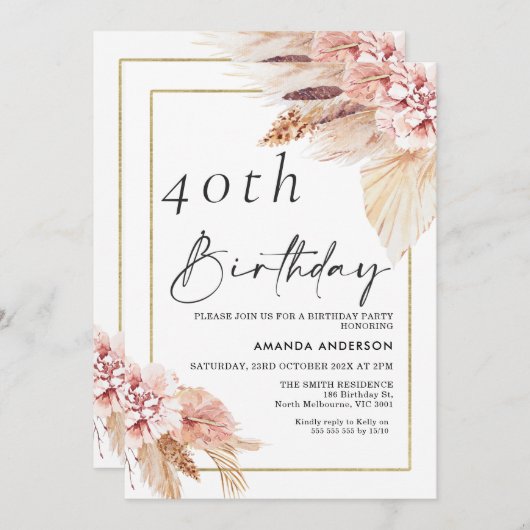 Invitation Boho Pampas Grass Gold Frame Anniversaire Invitati (Devant / Derrière)
