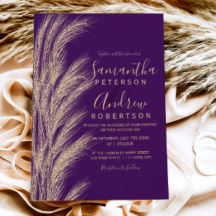 Invitation Boho pampas grass gold glitter purple wedding