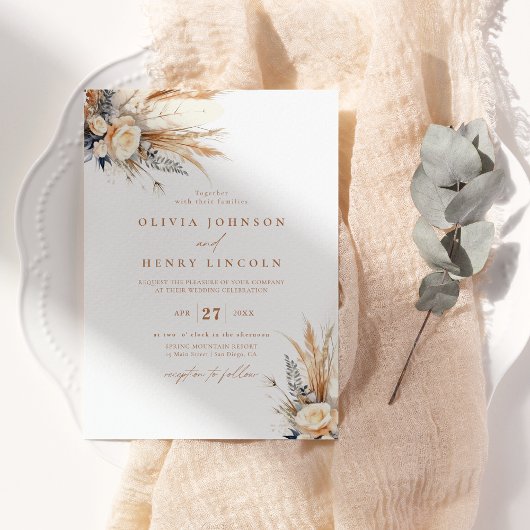 Invitation Boho Pampas Grass Mariage Floral QR Code