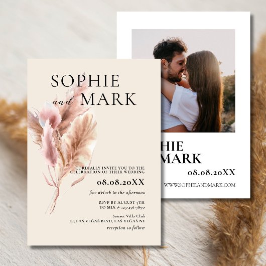 Invitation Boho Pampas Grass Minimalist With Photo