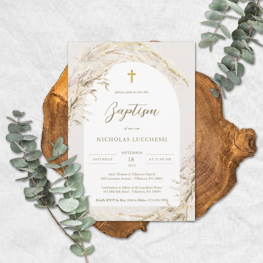 Invitation Boho Pampas Grass moderne Twins Baptême