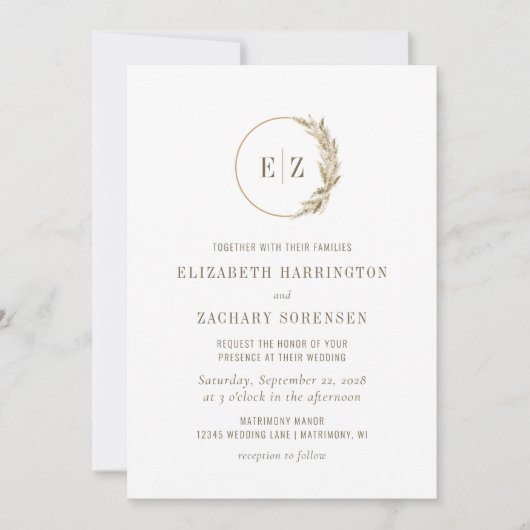 Invitation Boho Pampas Grass Monogramme Wreath Mariage beige (Devant)