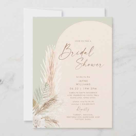 Invitation Boho Pampas Grass Or Géométrique Sage Bride (Devant)