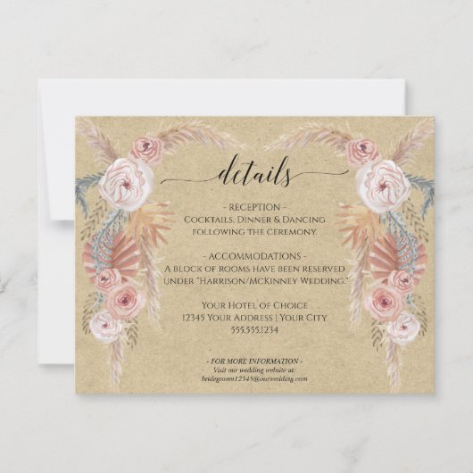 Invitation Boho Pampas Grass Palm Folim Détails du Mariage (Devant)