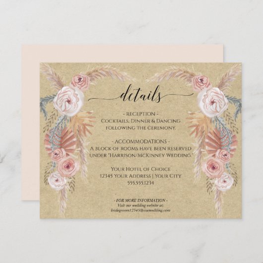 Invitation Boho Pampas Grass Palm Folim Détails du Mariage (Devant / Derrière)