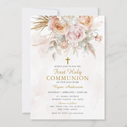 Invitation Boho Pampas Grass Première Communion Sainte (Devant)