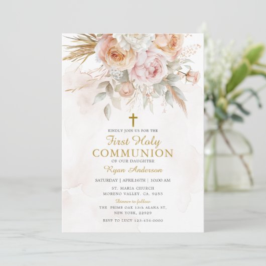 Invitation Boho Pampas Grass Première Communion Sainte (Debout devant)