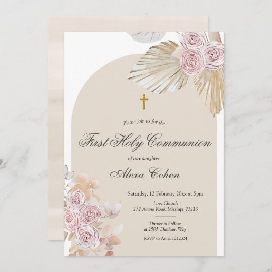 Invitation Boho Pampas Grass Première Communion Sainte (Devant / Derrière)