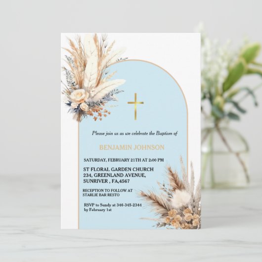 Invitation Boho Pampas Grass Rainbow Boy Baptême Christening (Debout devant)